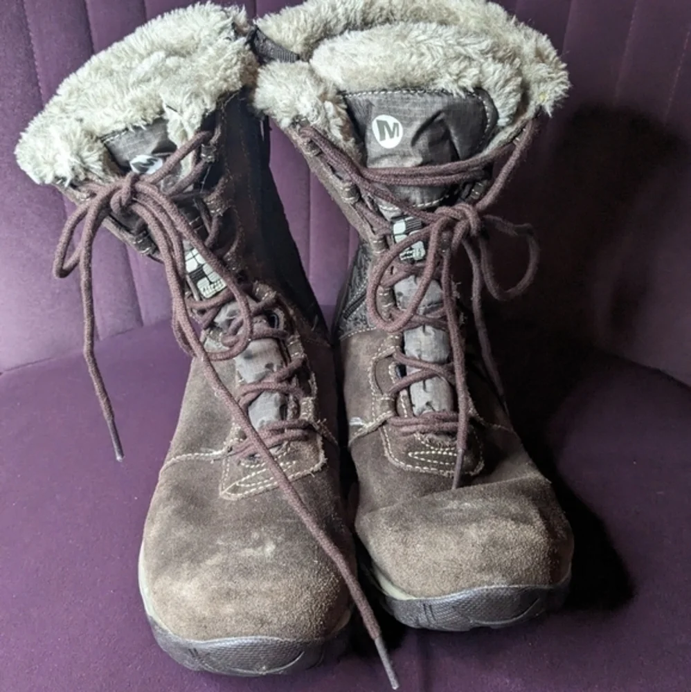 MERRELL 8.5 Leather‎ Lace-Up Side Zip-Up Brown Winter Boots
